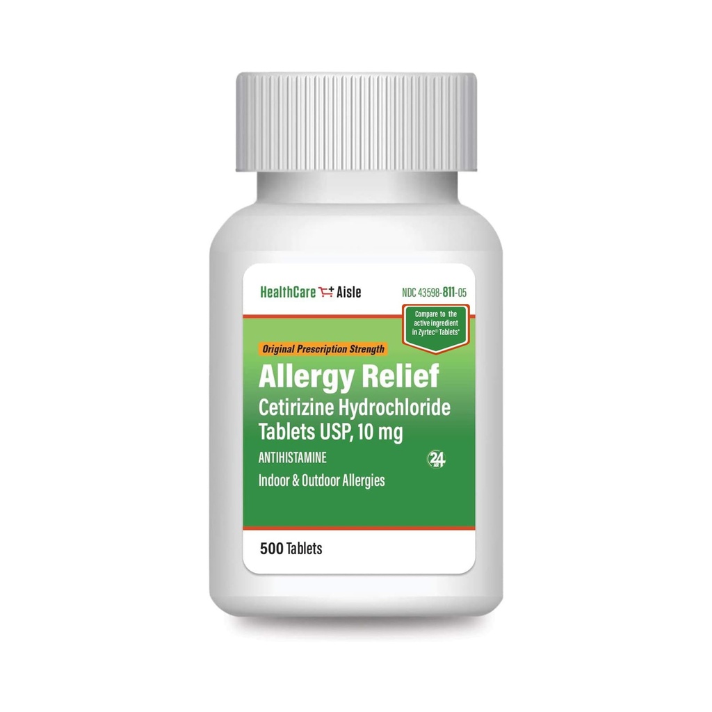 HealthCareAisle Allergy Relief - Cetirizine Hydrochloride Tablets USP, 10 mg - 500 Tablets - Original receptpligtig styrke Allergi Medicin, 24- timers Relief