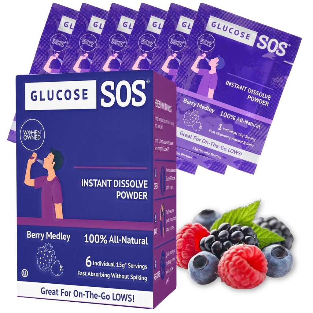 Glucose SOS Glucose Berry Medley Glucose Powder, Natural Dextrose Packets, Fast- Absorption, Straks opløses, Ingen vand påkrævet, 6 Sachets per Box