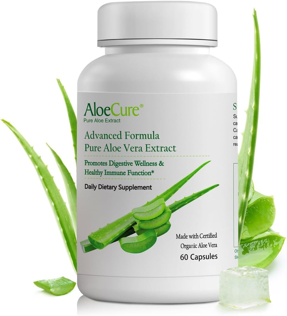 AloeCure Organic Aloe Vera Capsules, 130,000mg Inner Aloe Leaf Equivelant per servering, Support Gut Health & fordøjelseskomfort, Mavesyre Buffer, Naturlig immunsupplement, Aloin Free, 60 Kapsler