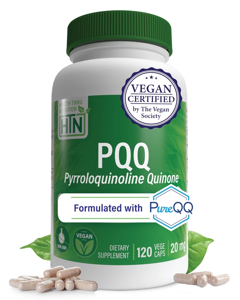 Health Thru Nutrition PQQ 20mg 120 Servere Pyrroloquinoline Quinone som PureQQ Note 124; Promoes Mitochondrial Biogenesis Note 124; Certified Vegan Note 124; Non- GMO Gluten Soy Free Capsules Supplement