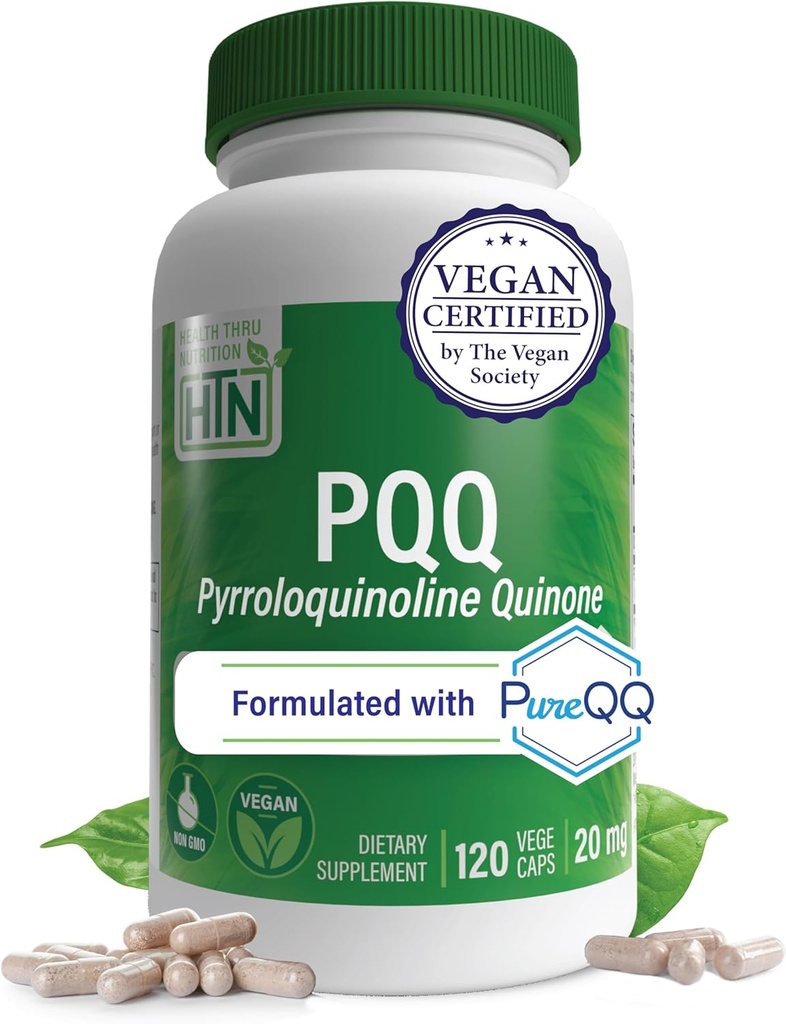 Health Thru Nutrition PQQ 20mg 120 Servere Pyrroloquinoline Quinone som PureQQ Note 124; Promoes Mitochondrial Biogenesis Note 124; Certified Vegan Note 124; Non- GMO Gluten Soy Free Capsules Supplement