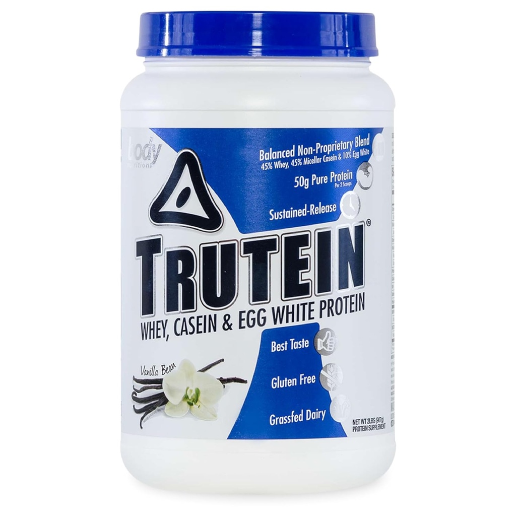 Krop Nutrition Trutein High Protein Powder: 45% Whey, 45% Casein, 10% Egg White Protein Shake Mix, Gluten- Free, Lavnatrium, Lavcarb Protein Supplement Pulver til mænd og kvinder, Vanilla Bean, 2lb