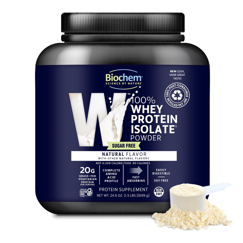 Biochem 100% Whey Isolate Protein Powder - Græs Fed, Low Carb, Keto- Friendly, Non- GMO, Gluten- Free - Understøtter immunsundhed & muskel Inddrivelse 20g Vegetar Protein per servering - Natural Flavor, 1.5lb