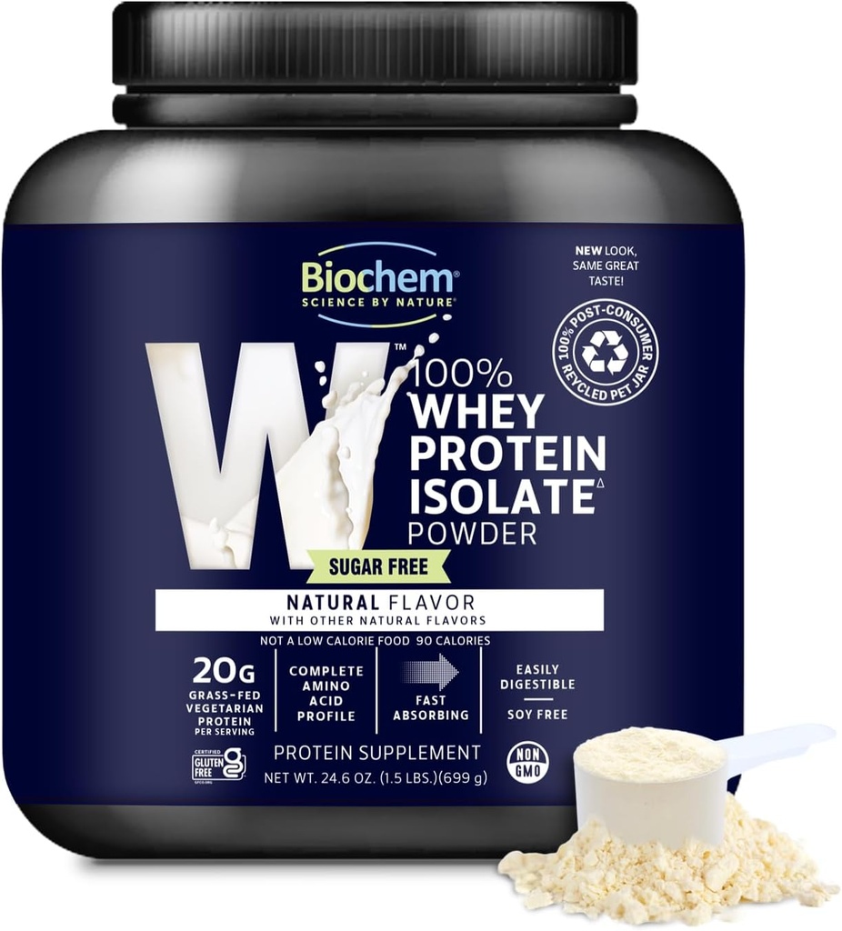 Biochem 100% Whey Isolate Protein Powder - Græs Fed, Low Carb, Keto- Friendly, Non- GMO, Gluten- Free - Understøtter immunsundhed & muskel Inddrivelse 20g Vegetar Protein per servering - Natural Flavor, 1.5lb