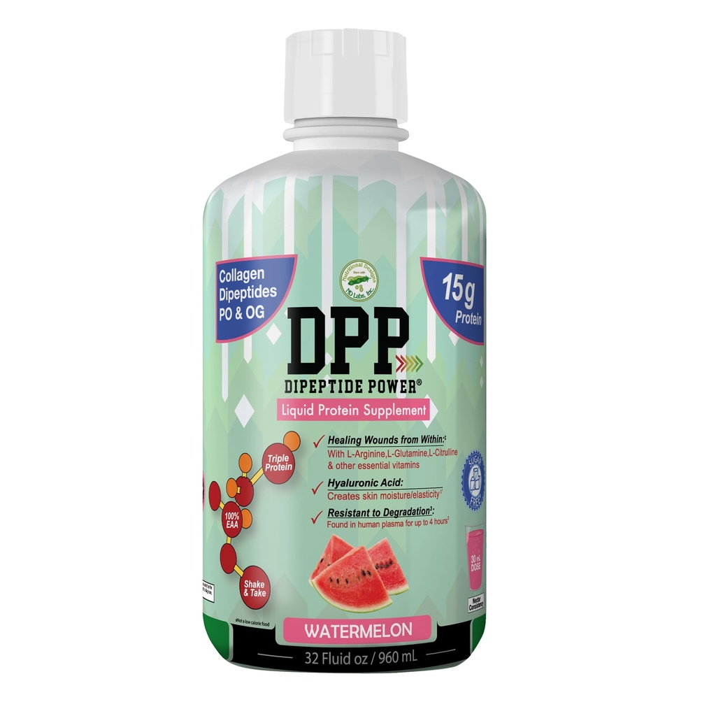 Nutritional designs DPP Dipeptid, Wound- Healing Liquid Collagen & Whey Protein Supplement, sukkerfri, fremmer sund hud & hår til mænd og kvinder (Vandmelon, flaske, 32 Fl Oz)