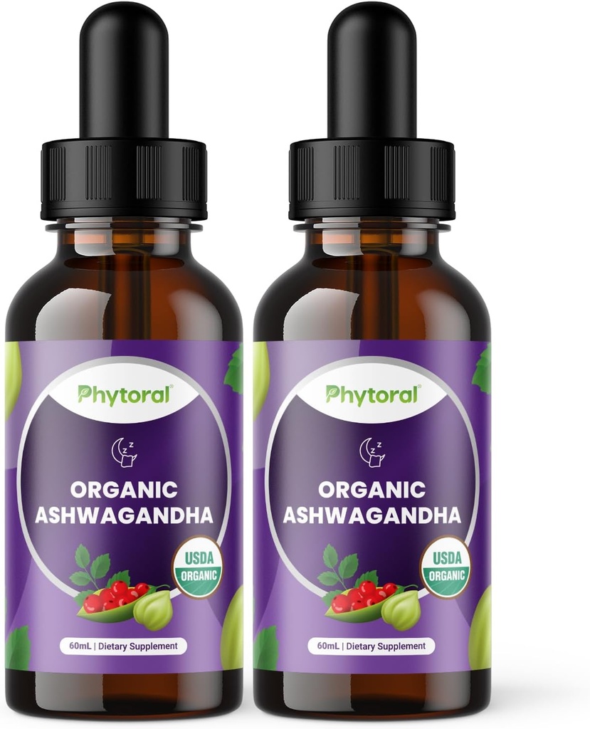 Phytoral Organic Ashwagandha Flydende dråber til voksne - Potent Flydende Ashwagandha Root Extract for Energy and Mood Support - Tincture Vegan non-GMO Gluten & Alkohol- Gratis (240 Servere)