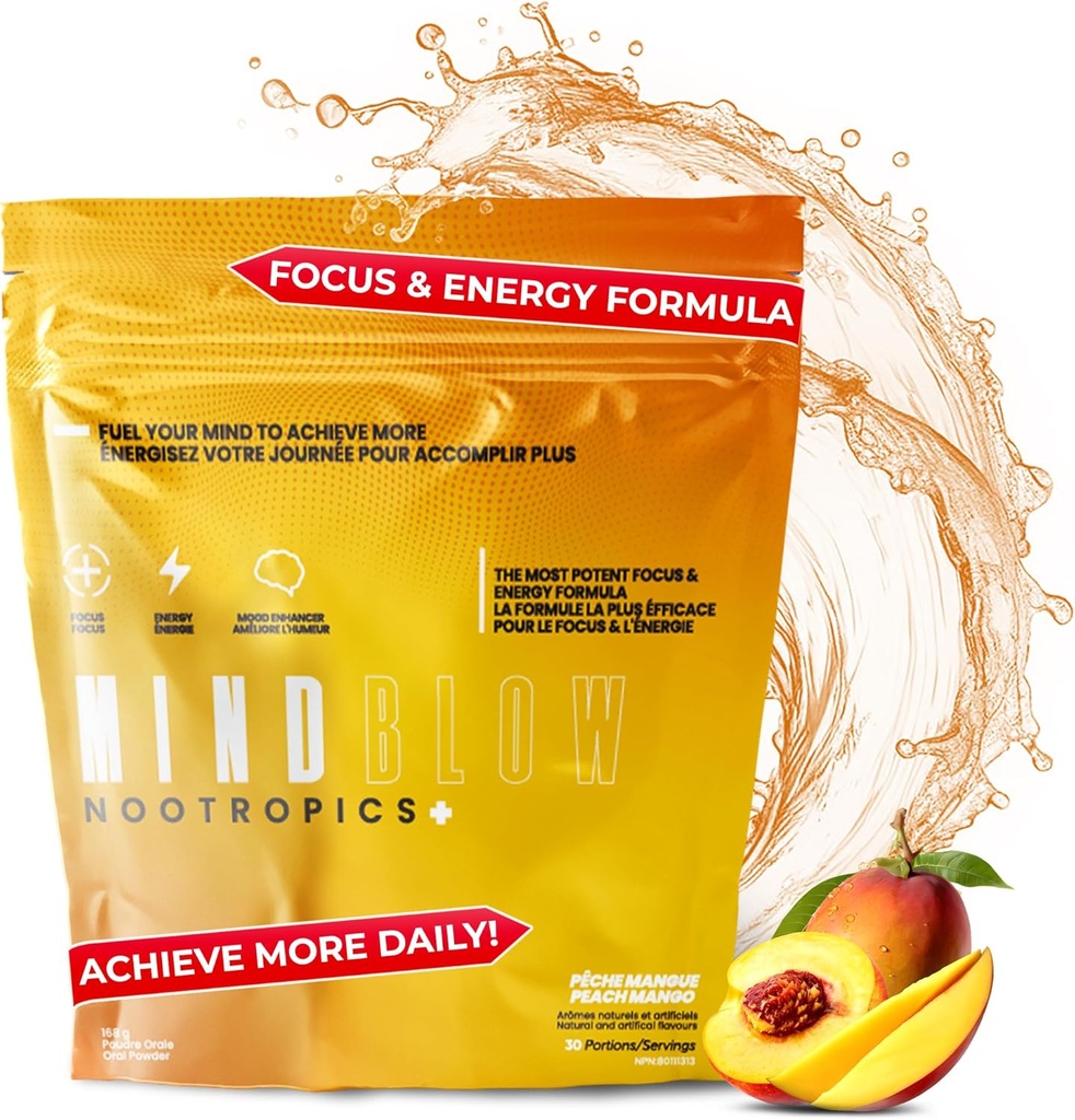 Nootrop Brain Supplement for energi, Focus & Mood med koffein, L-Tyrosine, Teacrine & Alpha GPC- for spillere, Gym Enticasts, Studerende & Entrepreneurs- 30 Serveringer (Peach Mango)