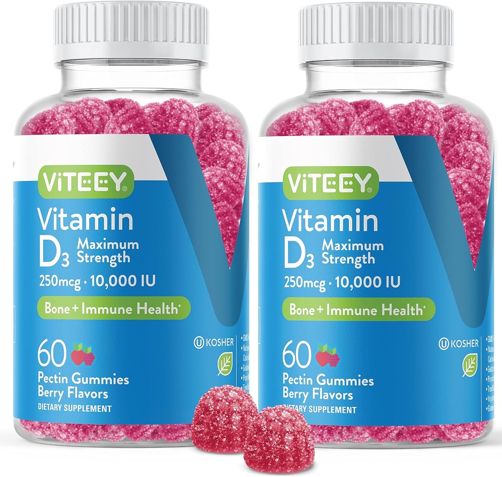 VITEEY Vitamin D3 Gummier for voksne & Teens - 10.000 IE, 250 mcg, Maksimal styrke - Joint & Muscle Health, immunboost - Chewable D-vitamin Gummies - Vegetar, Gelatine Free - Tasty Berry Flavored
