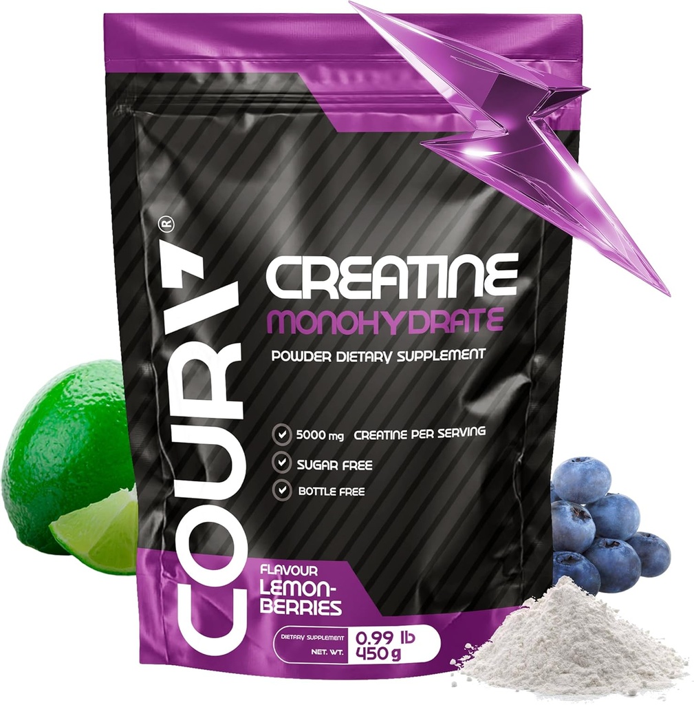 COURA Creatinine monohydrat Lemon- Berries Flavor - 450g - Sport supplement - Styrke og udholdenhed - Ideel til intens træning - Gluten Free - Flaske fri