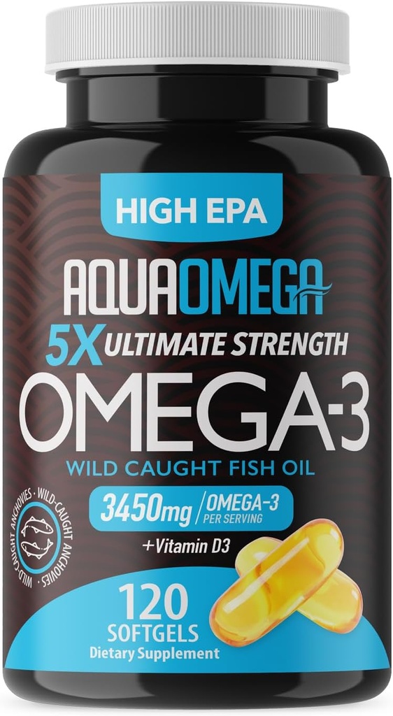 5X Ultimate Strength Omega 3 Fish Oil Supplements, Wild Catht Fish Oil Omega 3 Supplements with High EPA, DHA and Vitamin D, Fishoil Omega3 Supplement for kvinder og mænd, 120 Softgels, Unflavored