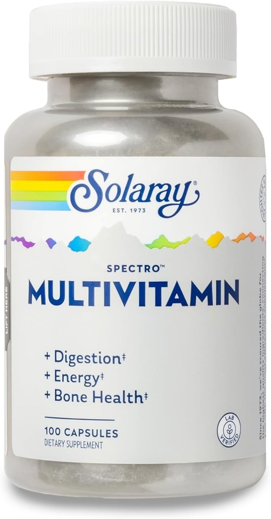 SOLARAY Spectro Multivitamin med jern - Multi Vitamin med calcium, Magnesium, energigivende grønne, urter & fordøjelsesenzymer - fordøjelse, energi, og ben sundhed support - 16 Servere, 100 kapsler