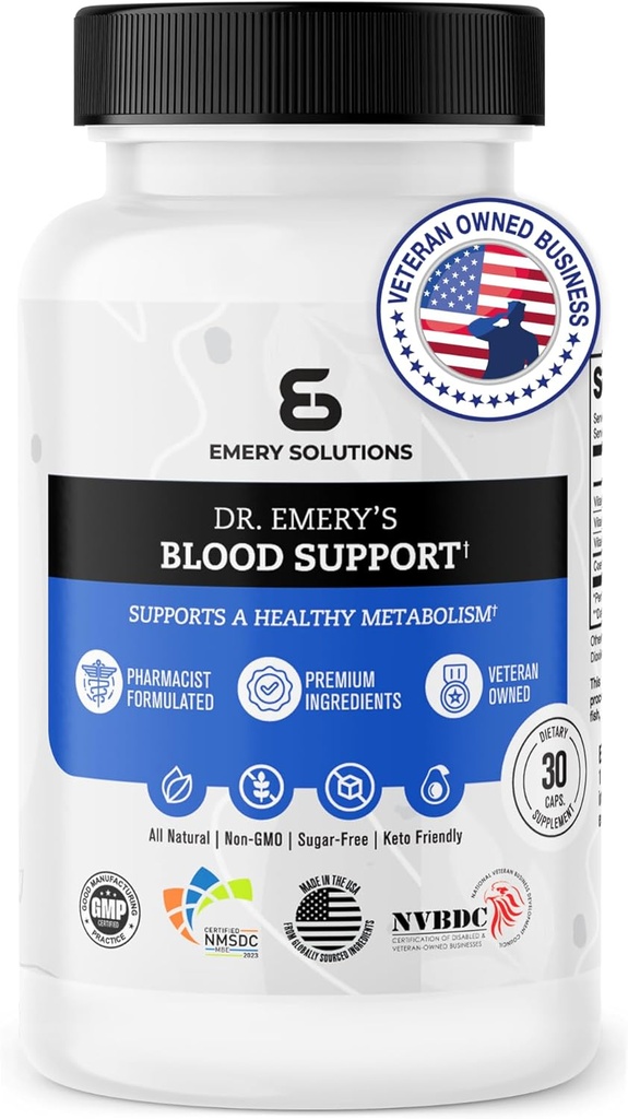 Dr. Emery 's Blood Support - Replenises Vital Nutrients, CoQ10, B6, B9, B12 Vitamin, Ikke GMO, All Natural, Keto Friendly - 30 kapsler