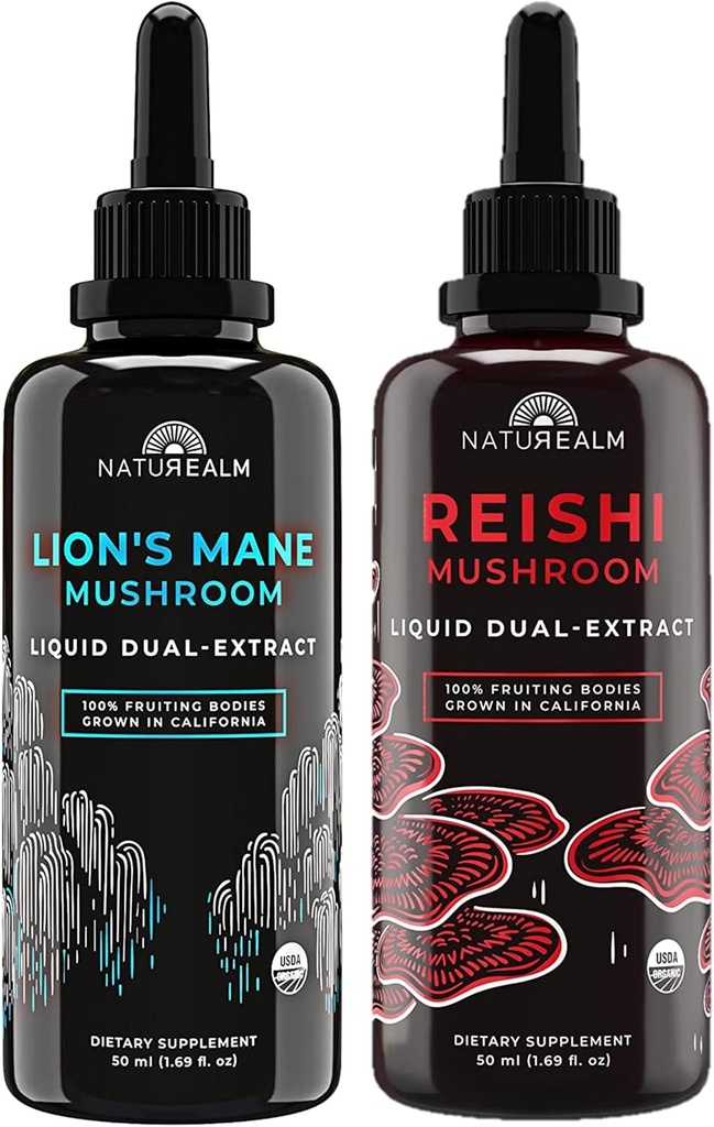 Natuarige Reishi & Lions Mane Mushroom Extract - Adaptogen Stack for Fokus, Immunitet, Longevity, Gut Health, Anti- Aging, Energy & More - Organic Liquid Drops - 50 ml Hver (2 Pack)