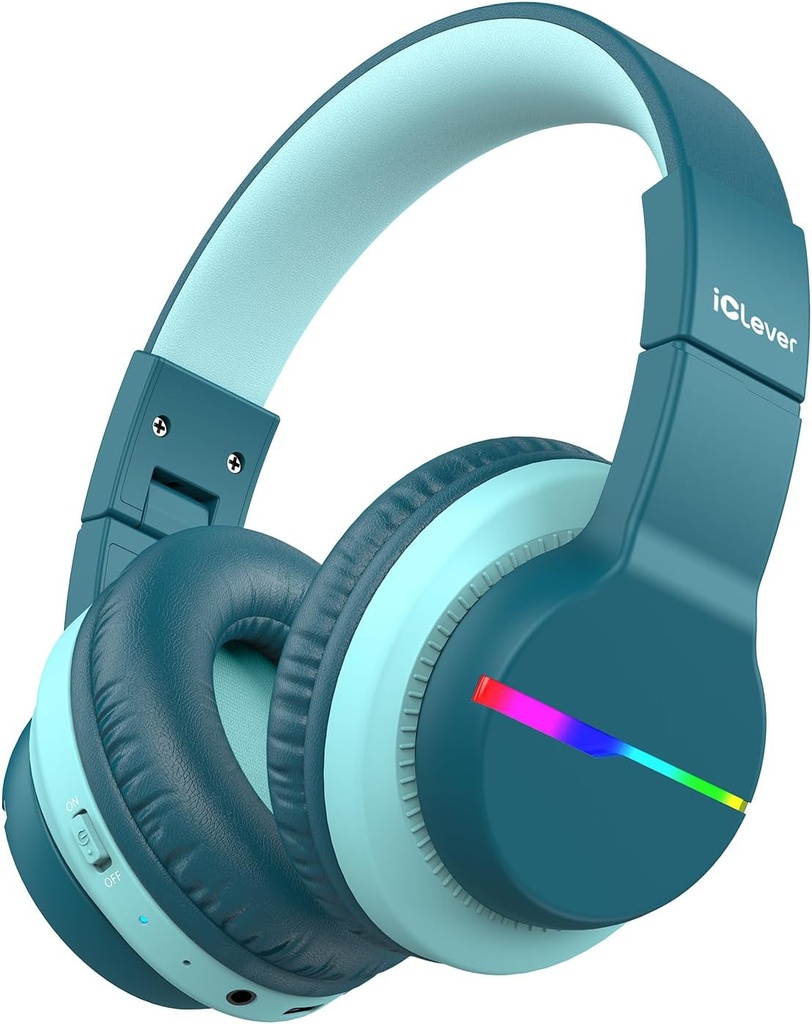 iClever BTH12 Kids Bluetooth hovedtelefoner, Farverige LED Lights Trådløse Kids hovedtelefoner, 74 / 85dBA Safe Volume, 85H Playtime, Bluetooth 5.2, Over Ear Headphones Build- in Mic for iPad / Tablet / Airplane, Green