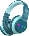 iClever BTH12 Kids Bluetooth hovedtelefoner, Farverige LED Lights Trådløse Kids hovedtelefoner, 74 / 85dBA Safe Volume, 85H Playtime, Bluetooth 5.2, Over Ear Headphones Build- in Mic for iPad / Tablet / Airplane, Green