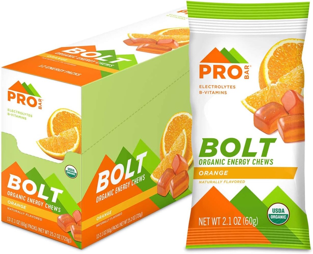 PROBAR - BOLT Organic Energy Chews, Orange, Non- GMO, Gluten- Free, USDA Certified Organic, Sund, Natural Energy, Fast Fuel Gummies med Vitaminer B & C (12 Greve)