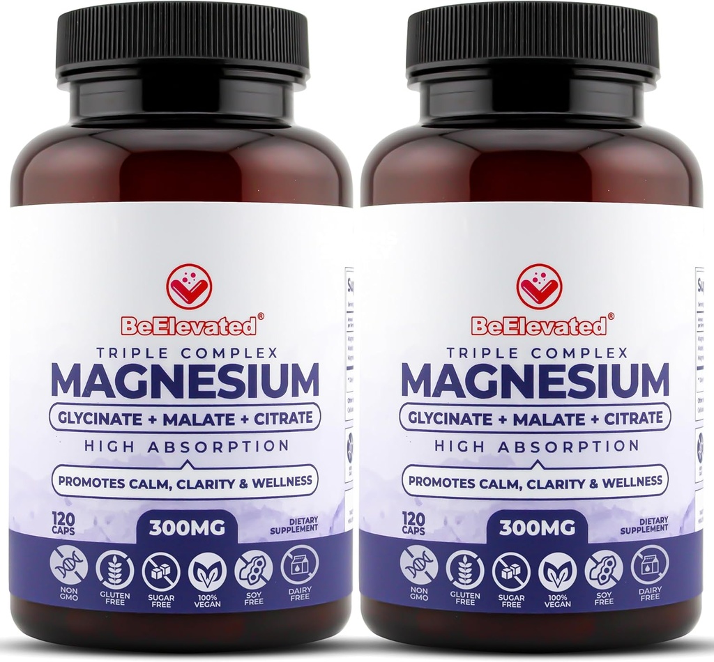 Triple Complex Magnesium Supplement - Fastvirkende Magnesium Complex Supplement med Glycinate, Citrate & Malate for total Well- Being - Natural, Vegan, Non- GMO kapsler (300mg) (2- Pack)