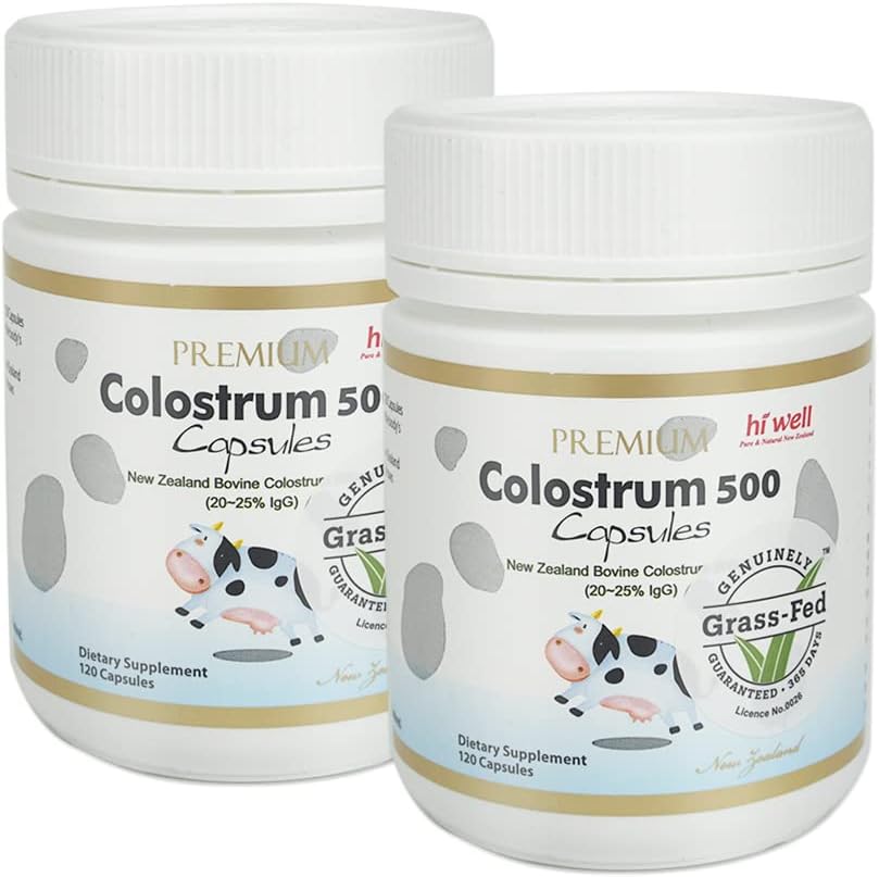 (Pack of 2) Hi Well Premium 100% Pure New Zealand Bovine Grass- Fed Colostrum 500 120 Kapsler