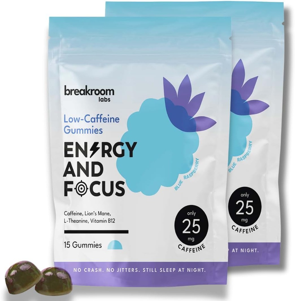 Breakroom Labs Energy and Focus Gummies - Lav Koffein 25mg w / L-Theanine, Lions Mane, Vitamin B12 - Nootrop Brain Supplement for voksne, Kids - Vegan, Lavsukker, Blå Raspberry Flavor, 30 Servering