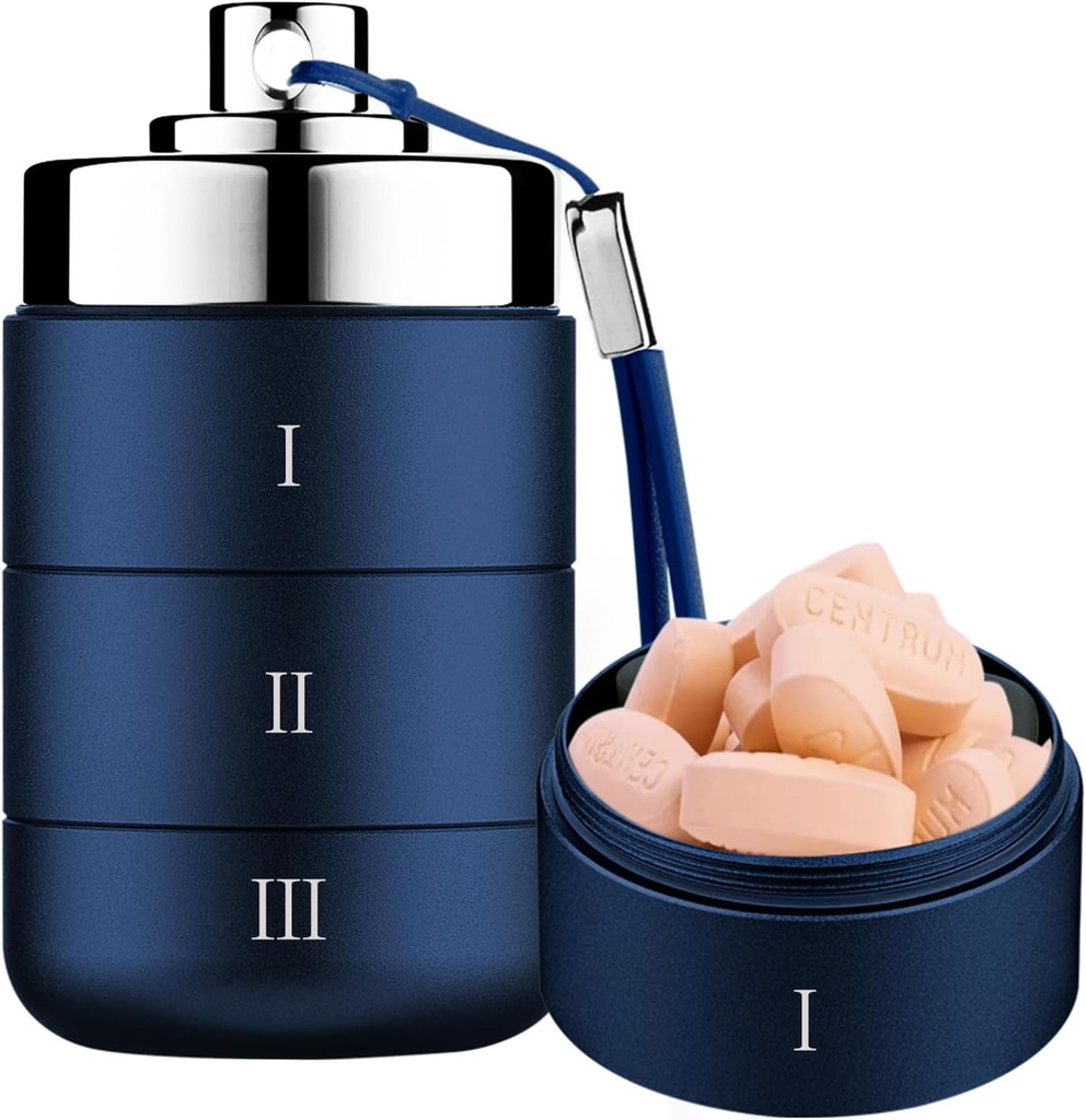 Metal Travel Pill Organizer, Transportable Vandtæt Daily Pill Box, Stor Aluminium Pill Case Container 3 gange en dag Vitamin Organizer, Daily Medicine Organizer for Vitamin, Fish Oil, tillæg