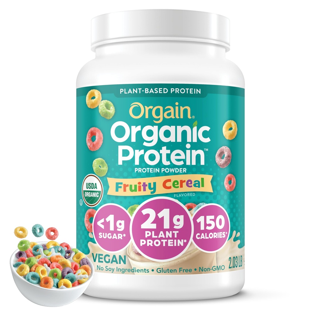 Orgain Organic Vegan Protein Powder, Fruity Cereal - 21g Plant Based Protein, 8g Prebiotic Fiber, Low Net Carb, Ingen laktoseingredienser, Ingen tilsat sukker, Non- GMO, For Shakes & Smoothies, 2.03 lb