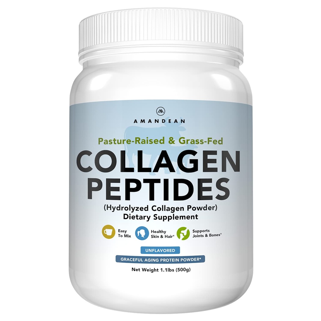 AMANDEAN Collagen Peptider Powder (17.6oz). Grass- Fed hydrolyseret protein supplement. Fremmer sunde joints, hud, hår, negle. Uden smag og let at blande.