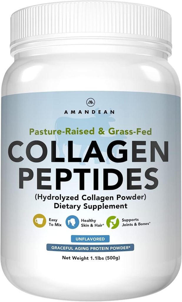 AMANDEAN Collagen Peptider Powder (17.6oz). Grass- Fed hydrolyseret protein supplement. Fremmer sunde joints, hud, hår, negle. Uden smag og let at blande.