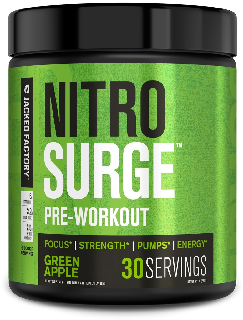 Jacked Factory NITROSURGE Pre Workout Supplement - Enless Energy, Instant Strength Gains, Clear Focus, Intensive Pumper - NO Booster & Kraftfuld Preworkout Energy Powder - 30 Serveringer, Green Apple