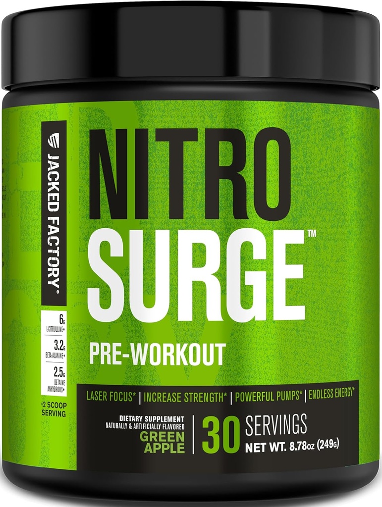 Jacked Factory NITROSURGE Pre Workout Supplement - Enless Energy, Instant Strength Gains, Clear Focus, Intensive Pumper - NO Booster & Kraftfuld Preworkout Energy Powder - 30 Serveringer, Green Apple