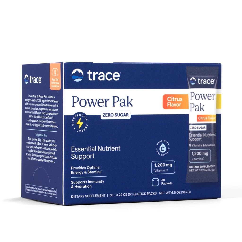 Trace Minerals Power Pak Multivitamin og Multimineral Packets - Electrolyte Support - 1200 mg C-vitamin Plus 70 Sugar Free - Citrus Flavor - 30 Packets