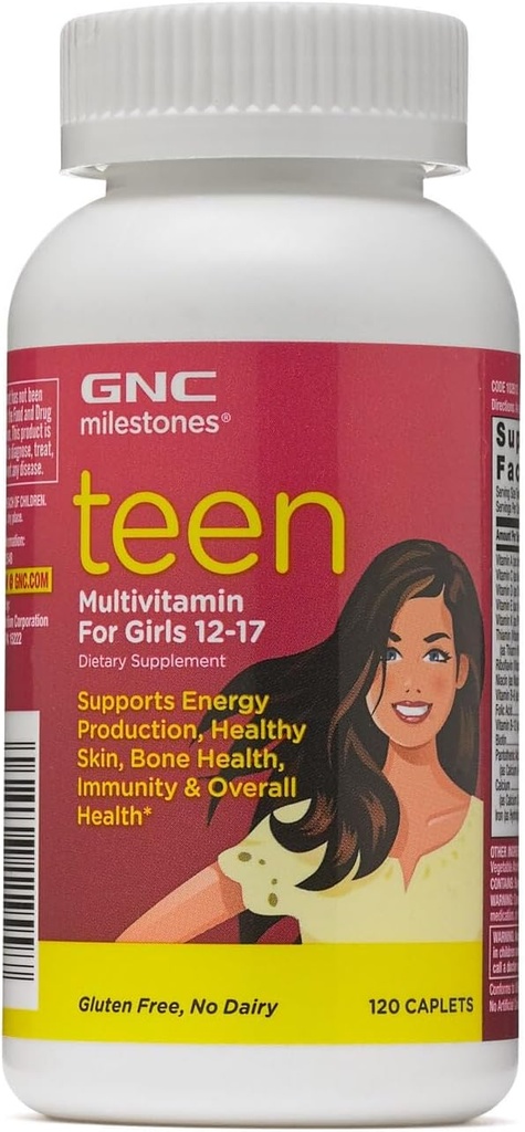 GNC Milepæle Teen Multivitamin til piger 12- 17, 120 Caplets, understøtter energiproduktion og sund hud, ben sundhed og immunitet