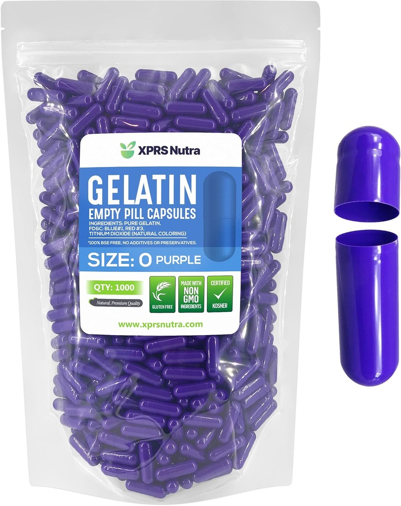 XPRS Nutra Størrelse 0 Tomme kapsler - 1000 Tomme Gelatine kapsler - Piller gør det - Pure Bovin Pille Gel Caps for Do- It- Yourself Kosttilskud (lilla)