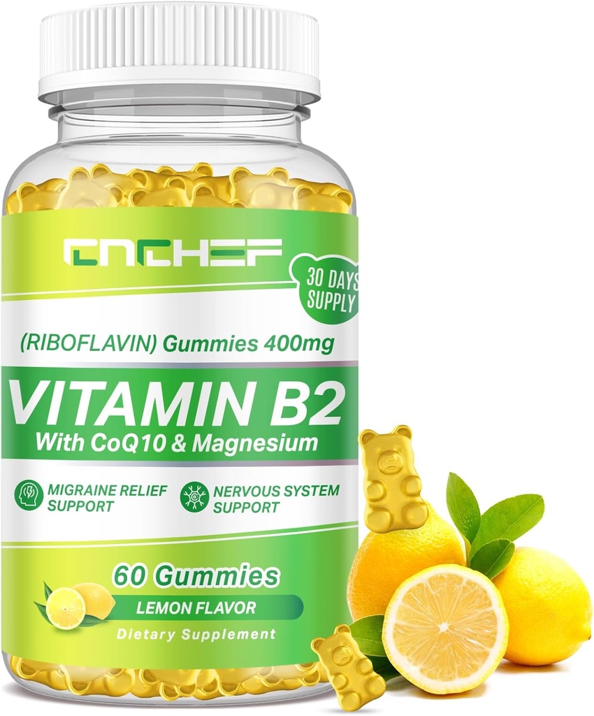 Vitamin B2 Gummies for Adults & Kids - Riboflavin 400mg Supplement with Magnesium Glycinate & CoQ10, Support Migraine Relief & Nervous System, Boost Energy, Sugar Free Vegan B2 Gummies Lemon Flavor