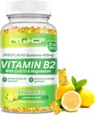 Vitamin B2 Gummier til voksne & Børn - Riboflavin 400mg tillæg med Magnesium Glycinate & CoQ10, Support Migræne Relief & Nervesystemet, Boost Energy, Sugar Free Vegan B2 Gummies Lemon Flavor