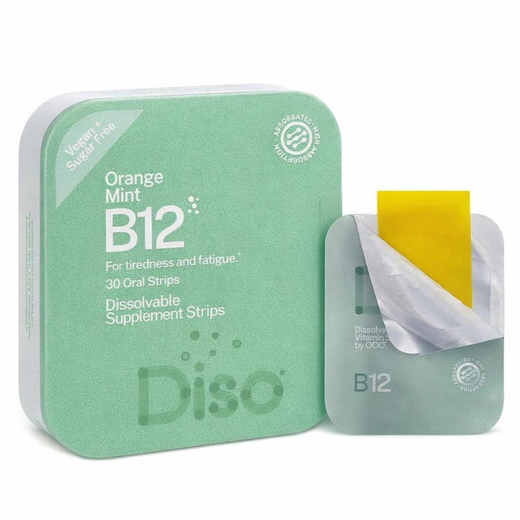 DISO - Vitamin B12 - Fast- Opløsning Oral Strips, for Træthed og Træthed, Orange Mint Flavor, Vegan, Sukker fri, Maksimal Absorption, Gluten fri, Individuelt indpakket, 30 Opløselige Strips