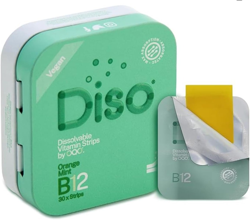 DISO - Vitamin B12 - Fast- Opløsning Oral Strips, for Træthed og Træthed, Orange Mint Flavor, Vegan, Sukker fri, Maksimal Absorption, Gluten fri, Individuelt indpakket, 30 Opløselige Strips