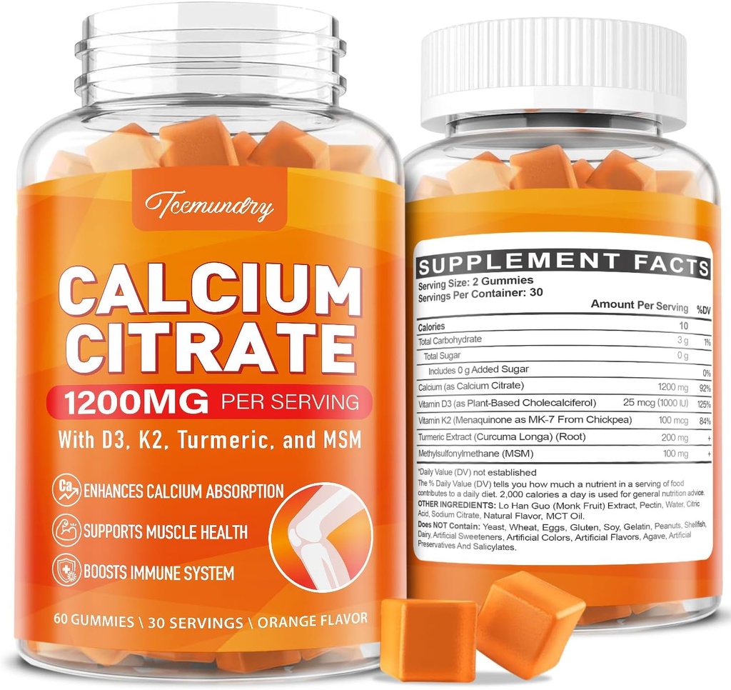 Calcium 1200 mg med D3- vitamin supplement gummies til voksne: Ultimate Absorption Calciumcitrat med D3- vitamin K2, gurkemeje ekstrakt, MSM til kvinder Mænd