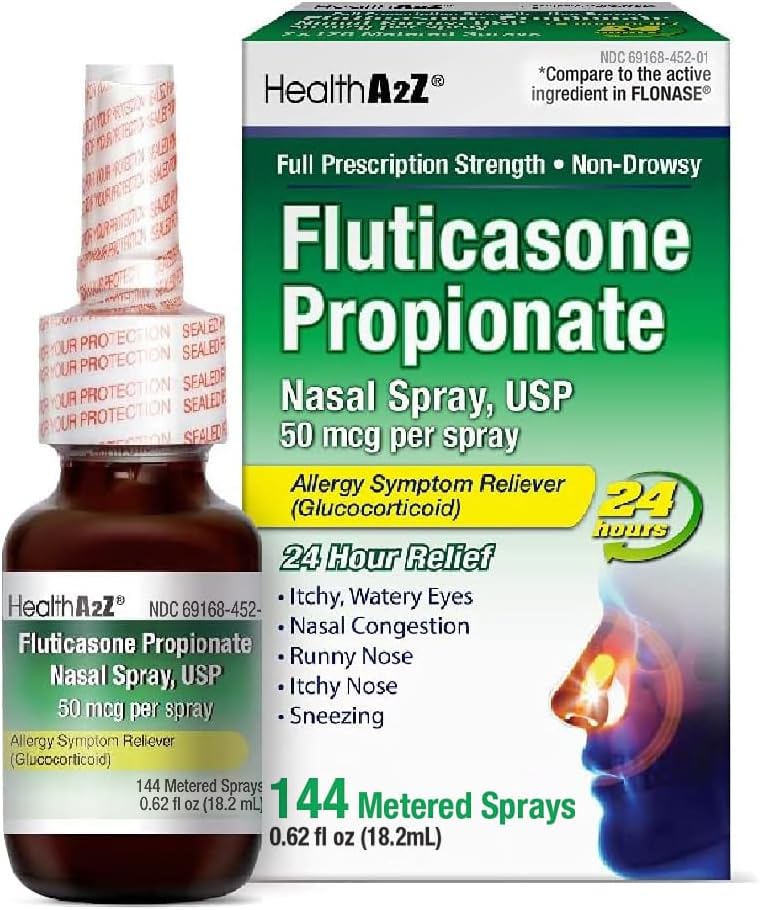 HealthA2Z ® Fluticasone Propionat Nasal Spray < 124; 50 mcg per Spray > 124; 24 timers allergilindring > 124; 144 sprays > 124; 0,62 fl oz. (18,2 ml) (0,62 fl oz. (pakning med 1 stk.)