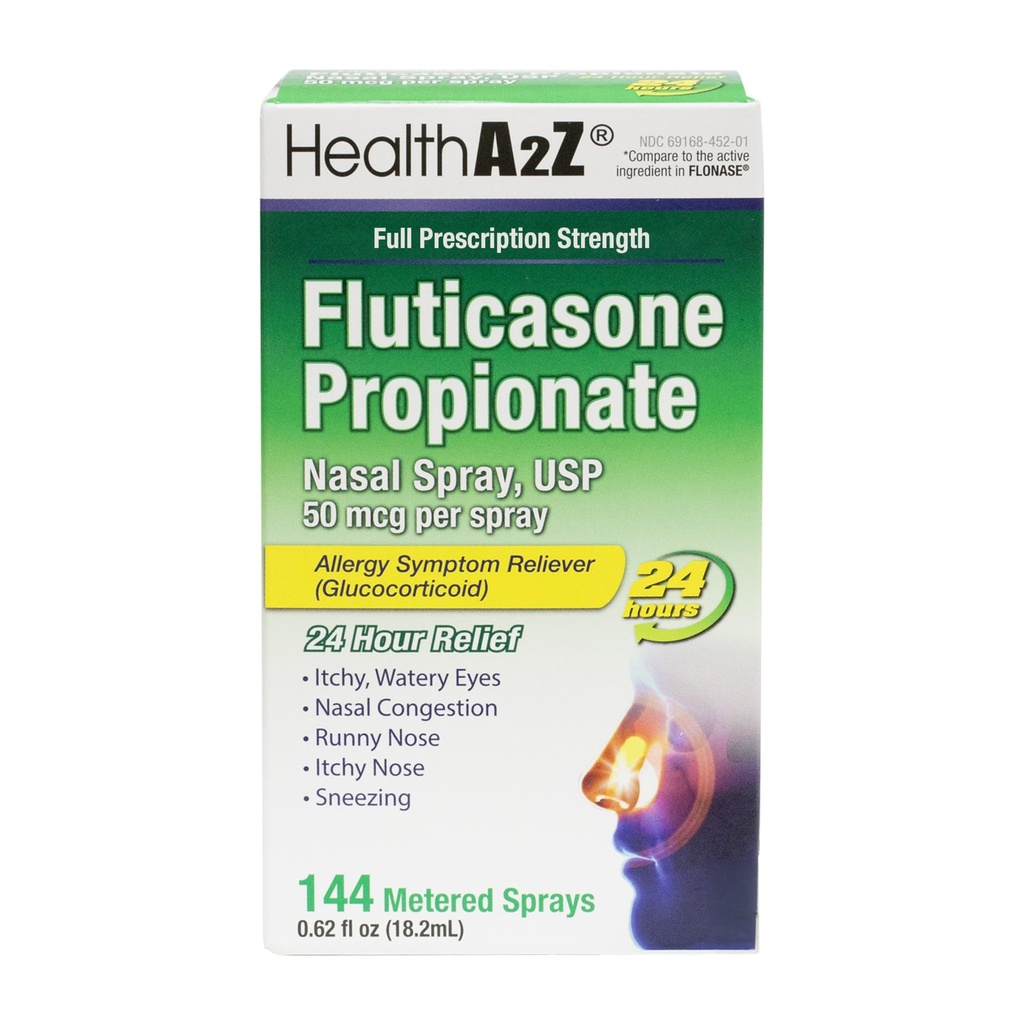 HealthA2Z ® Fluticasone Propionat Nasal Spray < 124; 50 mcg per Spray > 124; 24 timers allergilindring > 124; 144 sprays > 124; 0,62 fl oz. (18,2 ml) (0,62 fl oz. (pakning med 1 stk.)