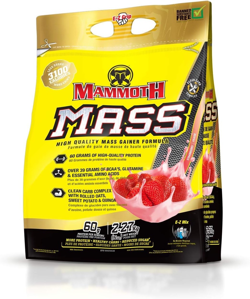MAMMOTH Mass: Vægt Gainer, Høj kalorieprotein Pulver Workout Smoothie Shake, Måltidserstatning, Lavsukker, Whey Isolate koncentrat, Casein Protein Blend, High Protein (Jordbær, 5lb)