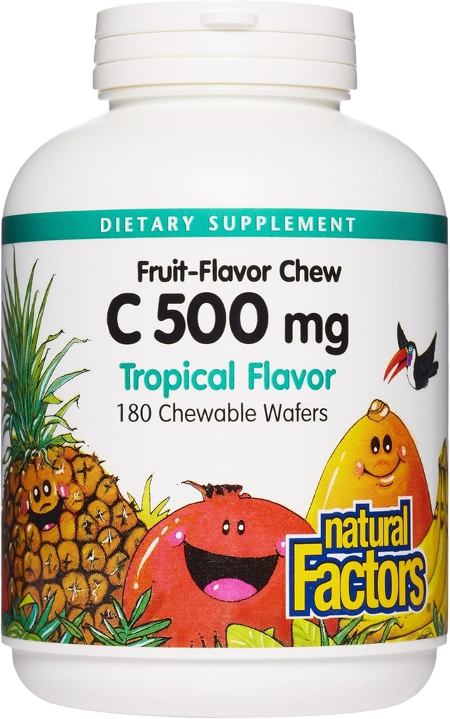 Naturlige faktorer, Kids Chewable C-vitamin 500 mg, understøtter immunforsvar, knogler, tænder og tandkød, tropisk, 180 greve (pakke med 1)