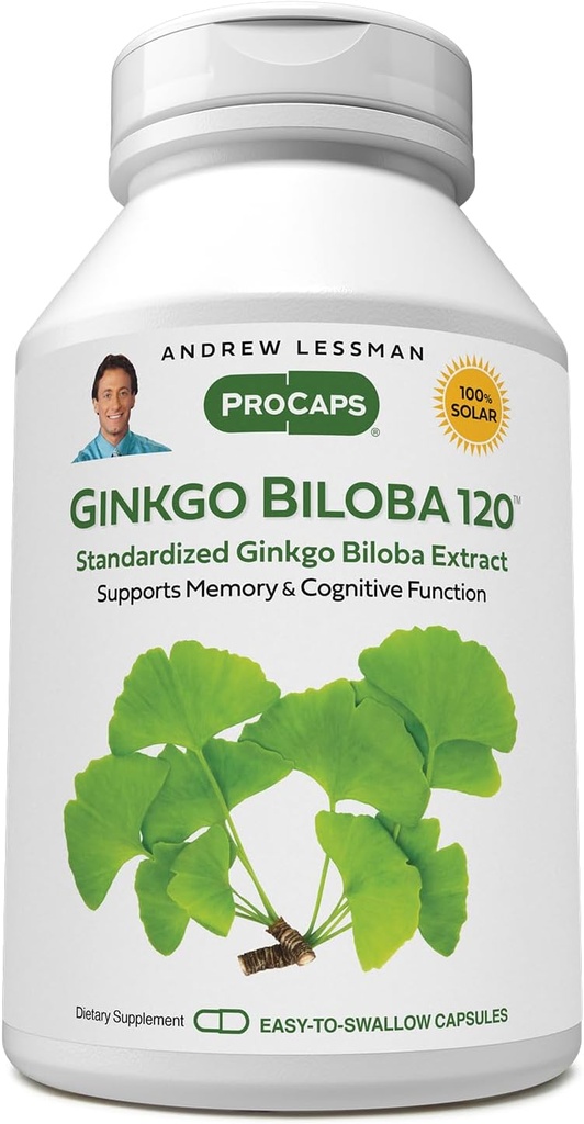 ANDREW LESSMAN Ginkgo Biloba 120mg - 180 Capsules - Standardized Extract to Maintain Flow of Oxygen and Nutrients to Fuel The Brain. Supports Brain, Memory and Cognitive Function. No Additives