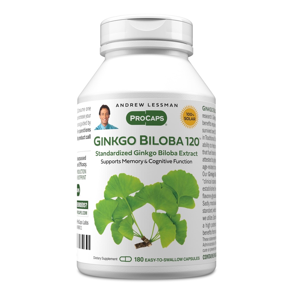 ANDREW LESSMAN Ginkgo Biloba 120mg - 180 kapsler - Standardiseret ekstrakt til at holde flow af ilt og næringsstoffer til brændstof hjernen. Understøtter hjerne, hukommelse og kognitiv funktion. Ingen tilsætningsstoffer