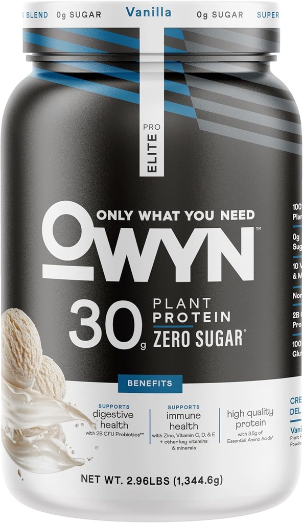 OWYN Kun hvad du har brug for Pro Elite Vegan 30g Plant- baseret High Protein Powder, Zero Sugar (Vanilla, 2.9 lbs)