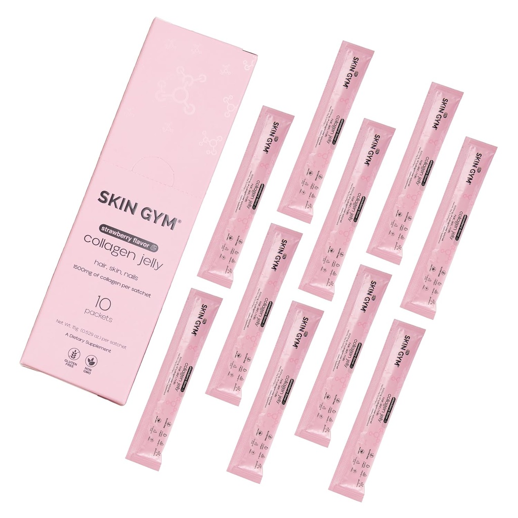Hud Gym Collagen Jelly 10- Pack, Marine Collagen, C-vitamin & hyaluronsyre, Daglig skønhed supplement til hår, hud & negle, Strawberry Flavor, 10 Pack