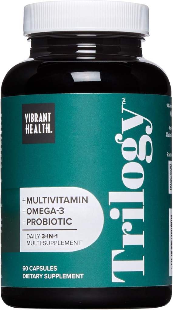 Vibrerende sundhed, Trilogi, Probiotisk Multivitamin med en Essential Blend of Omega-3, Vitamin A, B12, C, D3, E, Selen, Magnesium & Zink, 30 Servere