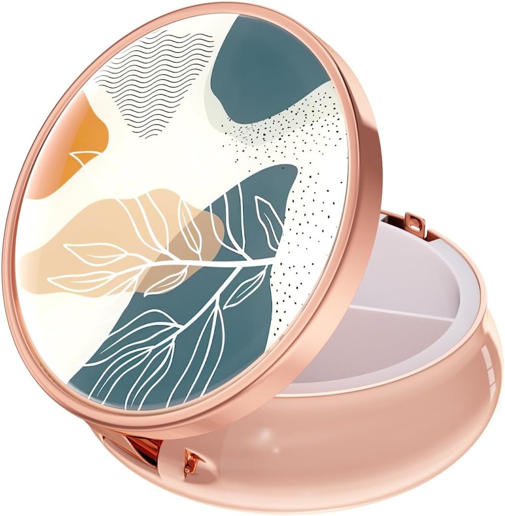 Rouidr Pill Box, 3 Segment Medicine Pill Case, Lille Metal Travel Medicine Box for purse & Pocket, Rose Gold, Abstract Boho Leaf