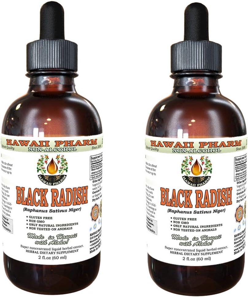 Hawaii Pharm Black Radish Alkohol- Free Liquid Extract, Black Radish (Raphanus Sativus Niger) Tørret Root Glycerit Natural Herbal Supplement 2x2 oz