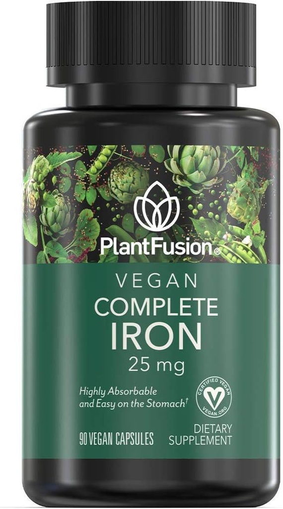PlantFusion Vegansk jerntilskud fra, Premium Plant baserede jerntilskud til kvinder og mænd (25 mg), Plus Folate & B12, 90 Veggie kapsler
