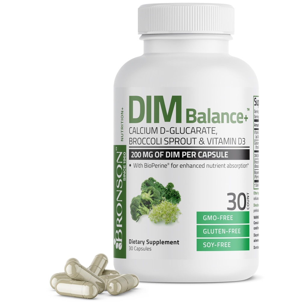 Bronson DIM Balance + calcium D- glucarat, broccoli spirer og vitamin D3 200 MG DIM per kapsel Understøtter østrogen Metabolisme og balancerede Hormonniveauer Non- GMO, 30 Vegetariske kapsler